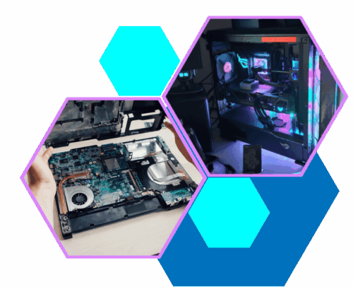 Hexagons in purple and blues showing a laptop  open for repair and a gaming PC